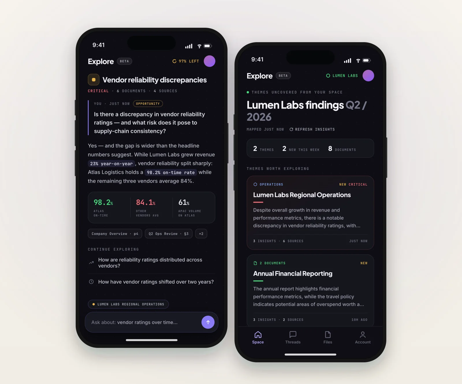 Concept designs for the Explore mobile app — a cited answer with inline statistics and sources, and the findings home with themes worth exploring