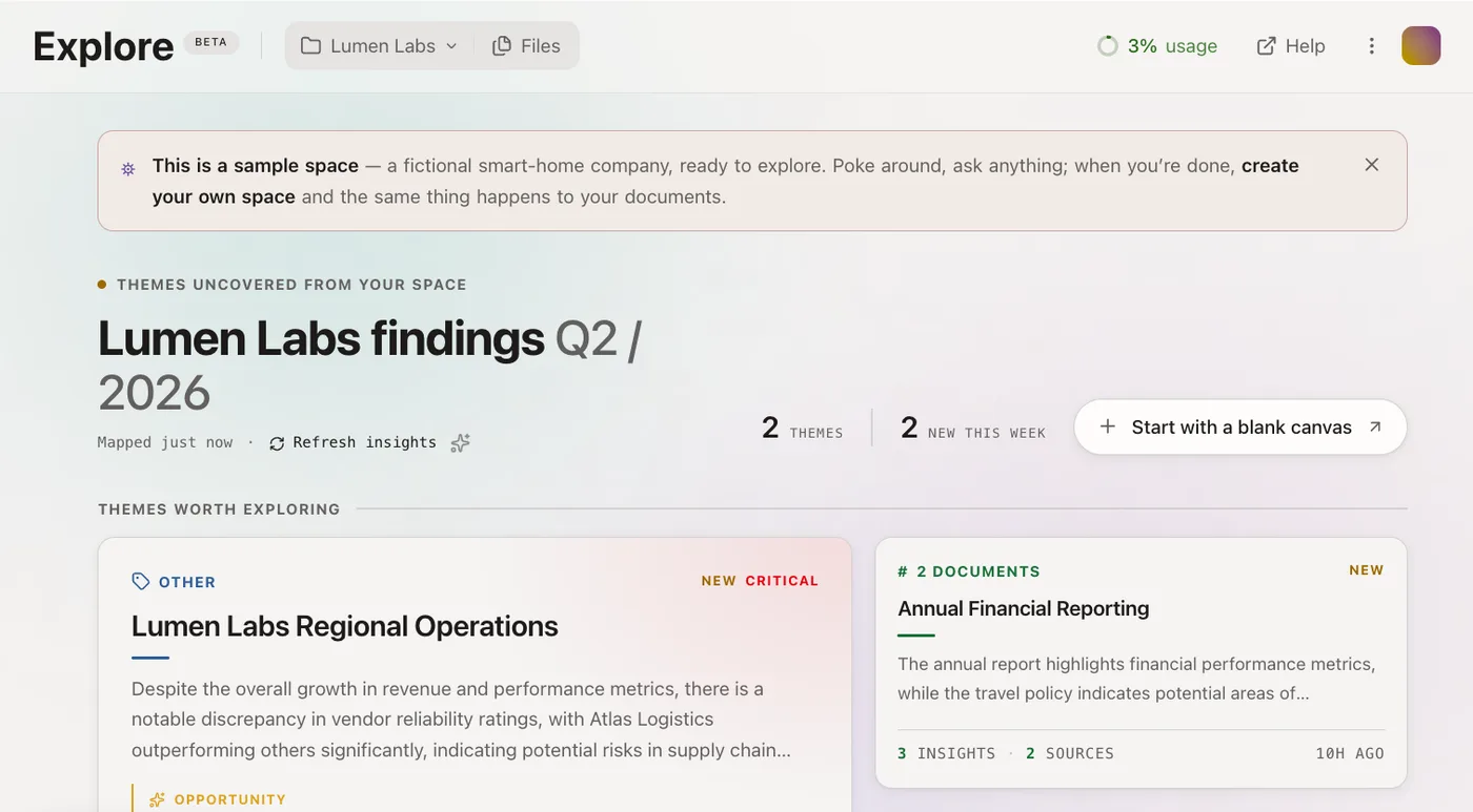 Explore's home canvas — the themes it has mapped from a document space, ready to explore