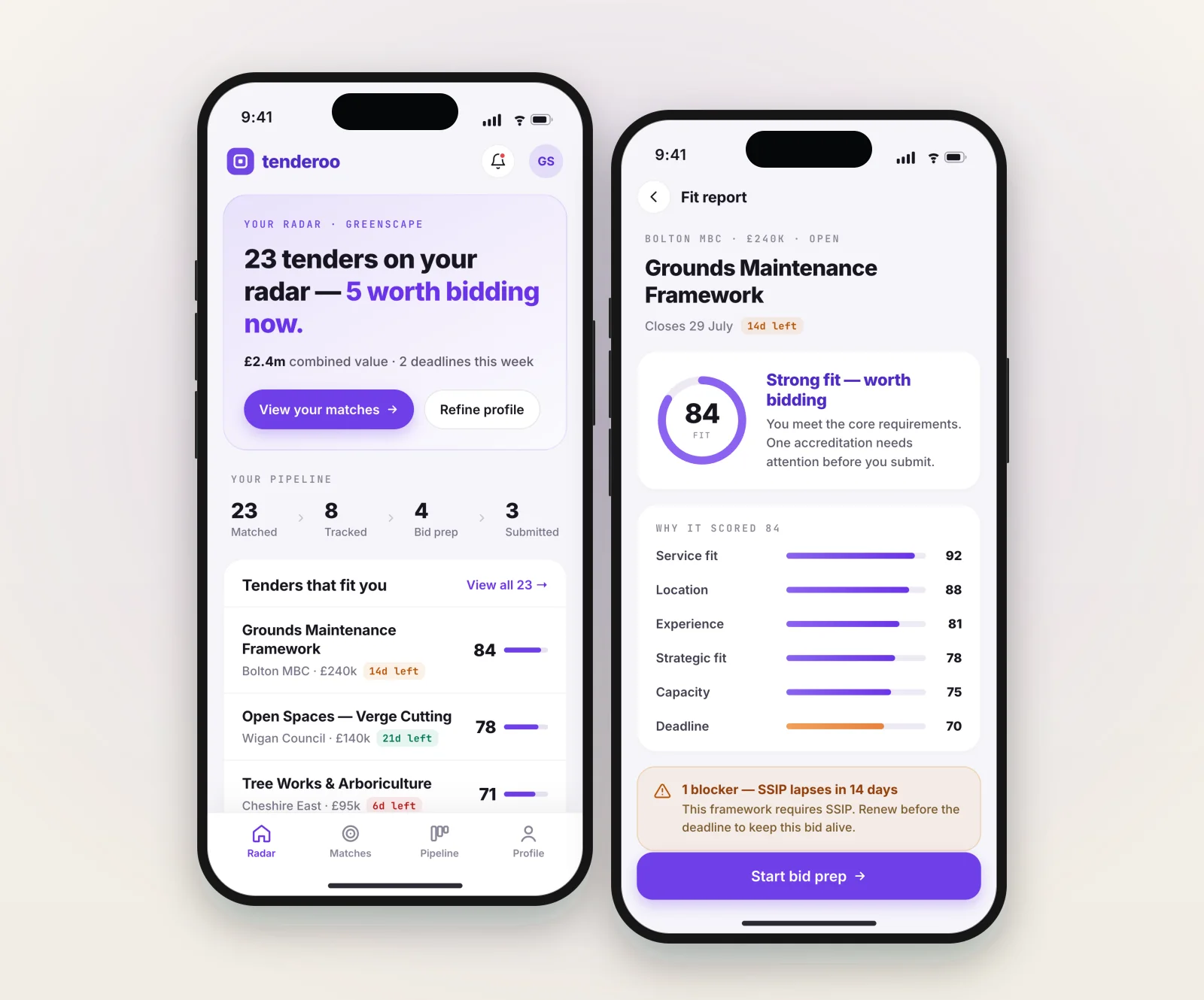 Concept designs for the Tenderoo mobile app — the tender radar with pipeline and fit-scored matches, and a per-tender fit report with the six-factor rubric and blockers